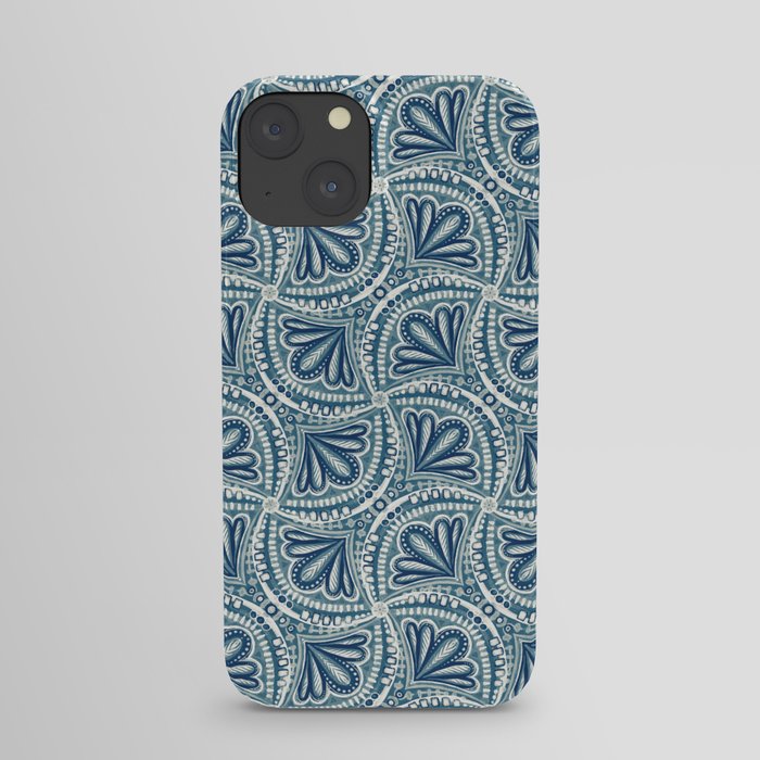 Textured Fan Tessellations in Navy Blue and White iPhone Case