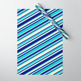 [ Thumbnail: Beige, Blue & Dark Turquoise Colored Striped/Lined Pattern Wrapping Paper ]