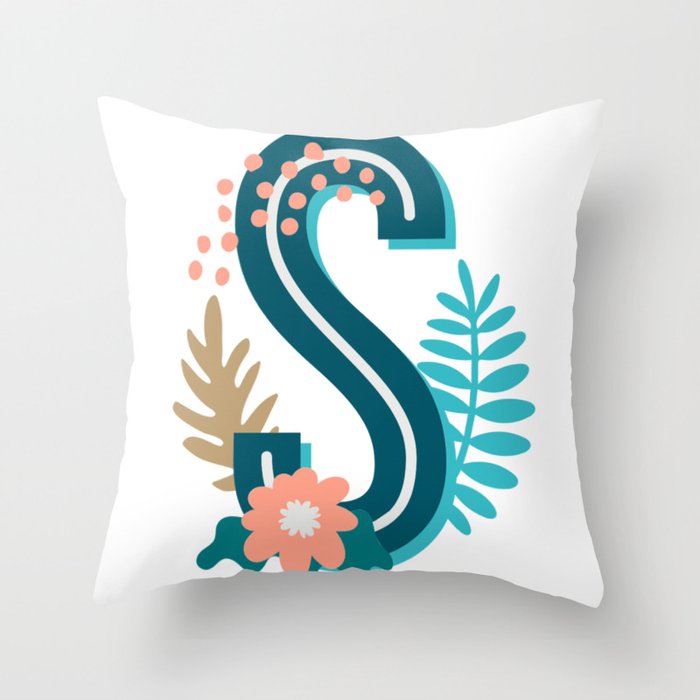 Tropical Flowers Monogram Letter S Throw Pillow