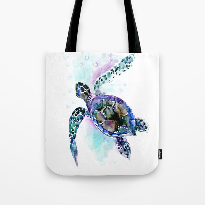 Sea Turtle Underwater Scene Artwork, turquoise blue, gray design beach Tote Bag