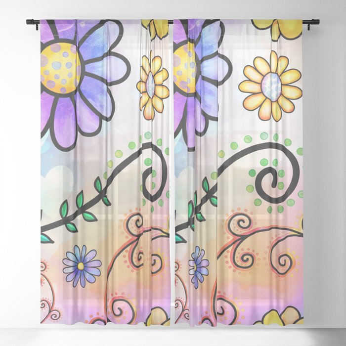 Watercolor Doodle Floral Collage Pattern 11 Sheer Curtain