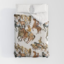 Running horses seamless pattern. American cowboy. Wild west. watercolor tribal texture. Equestrian illustration Duvet Cover