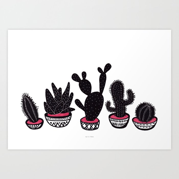 cactus row Art Print | Drawing, Ink-pen, Cactus, Nature, Natural, Plant, Doodle, Illustration, Succulent, Sketch