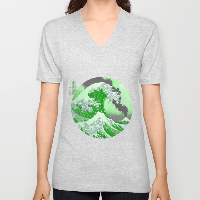 The Great Wave Off Kanagawa Mount Fuji Eruption-Green V Neck T Shirt