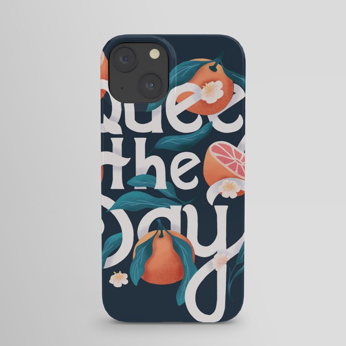 Squeeze the day lettering illustration with oranges on dark blue background. Hand lettering; fruit and floral design in bright colors.  iPhone Case