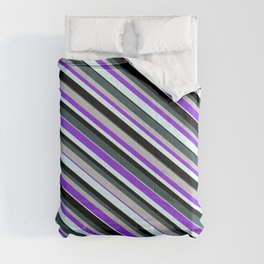 [ Thumbnail: Eye-catching Dark Slate Gray, Grey, Purple, Light Cyan, and Black Colored Lines Pattern Comforter ]