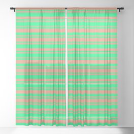 [ Thumbnail: Green and Dark Salmon Colored Lined Pattern Sheer Curtain ]