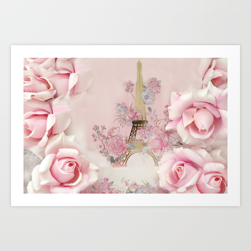 Paris Pink Roses Eiffel Tower Floral Pink Flowers Home Decor Art Print