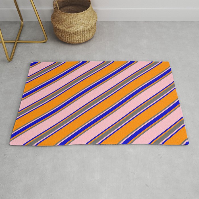 Pink, Blue, Dark Orange, and Dim Gray Colored Pattern of Stripes Rug