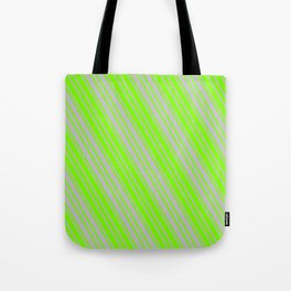 [ Thumbnail: Green and Grey Colored Pattern of Stripes Tote Bag ]