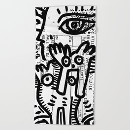 Creatures Graffiti Black and White on French Train Ticket Beach Towel