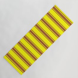 [ Thumbnail: Yellow and Sienna Colored Lined/Striped Pattern Yoga Mat ]