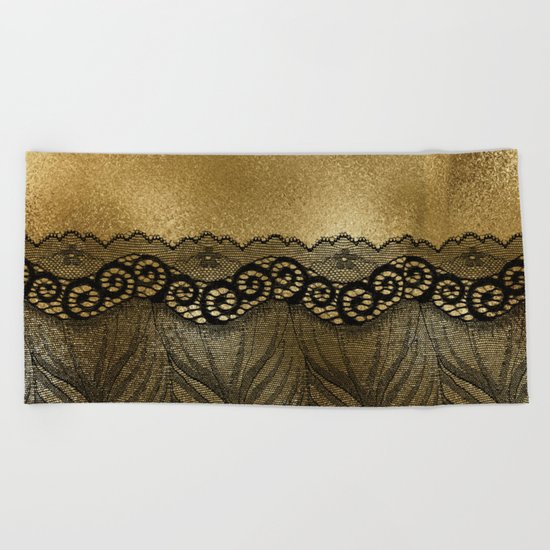 Black floral luxury lace on gold effect metal background Beach Towel