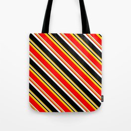 [ Thumbnail: Yellow, Red, Mint Cream, and Black Colored Pattern of Stripes Tote Bag ]