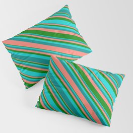 [ Thumbnail: Salmon, Green, Dark Turquoise, and Dark Cyan Colored Lines Pattern Pillow Sham ]