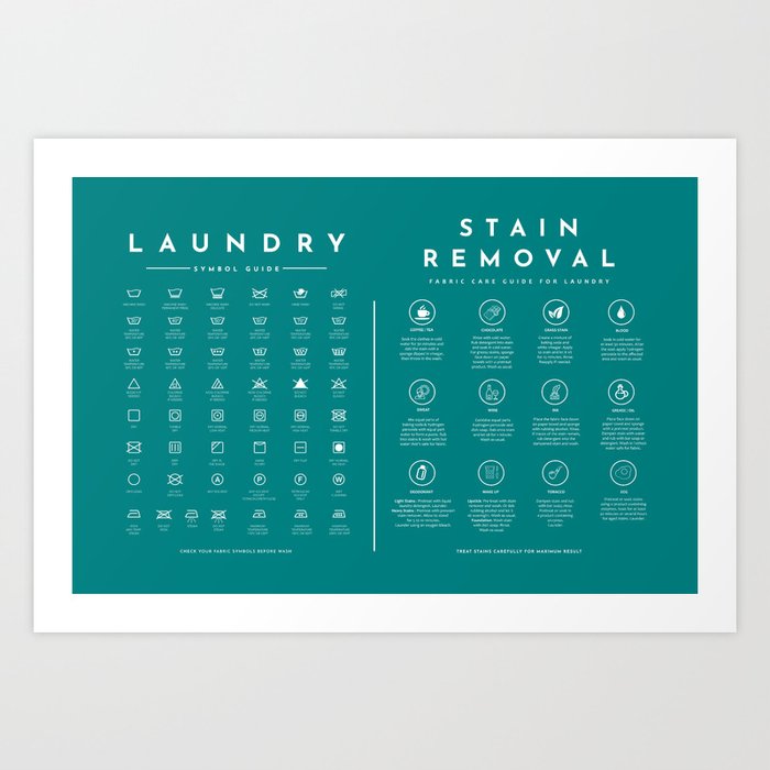 Laundry Sign Symbols Guide with Stain Removal Teal Art Print