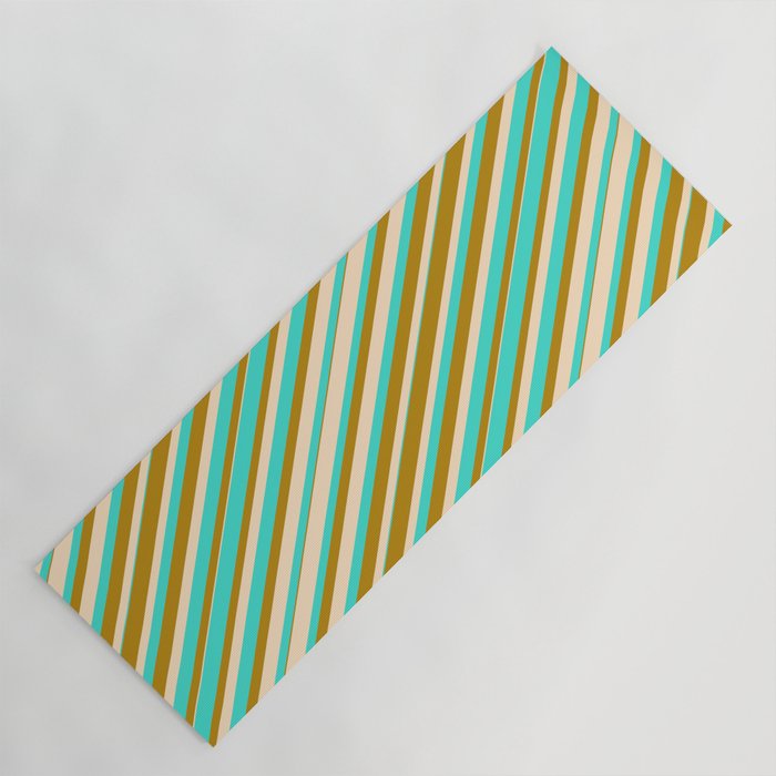 Bisque, Turquoise, and Dark Goldenrod Colored Lines Pattern Yoga Mat