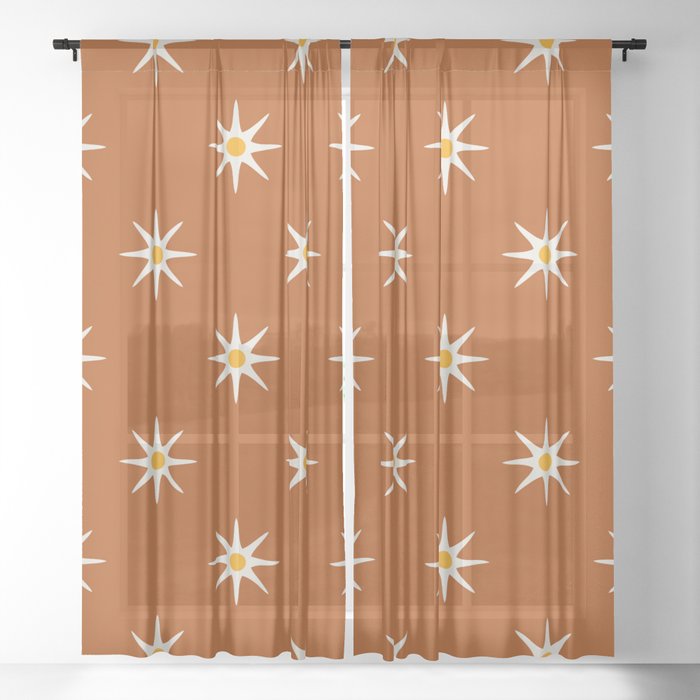 Atomic mid century retro star flower pattern in orange background Sheer Curtain