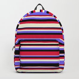 [ Thumbnail: Beige, Medium Slate Blue, Black, and Crimson Colored Pattern of Stripes Backpack ]