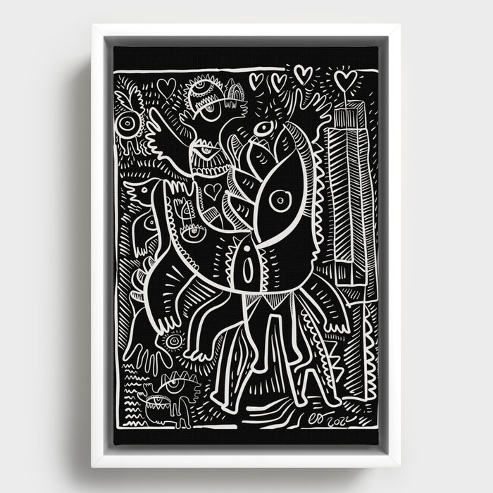 Black and White Graffiti African Art City  Framed Canvas