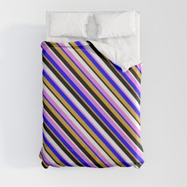 [ Thumbnail: Colorful Violet, Blue, Goldenrod, Black & White Colored Lined/Striped Pattern Duvet Cover ]