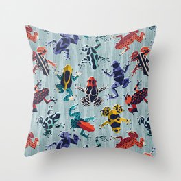 Quirky dart frogs dance // duck egg blue textured background brightly multicoloured poison amphibians Throw Pillow