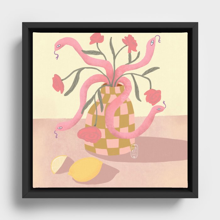 Trendy Retro Checkerd Flower Vase Stilllife with Snakes and Lemons  Framed Canvas