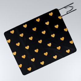 Glitter Gold Heart Pattern on Black Silk Background Picnic Blanket