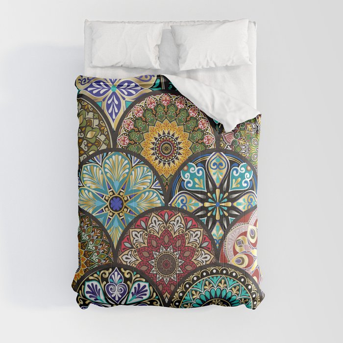 Colorful floral seamless pattern from circles with mandala in patchwork boho chic style Comforter
