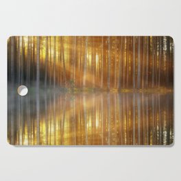 Mirrored lake reflection of morning aspen trees in the morning fog and sunshine nature landscape magical realism photograph / photography Cutting Board