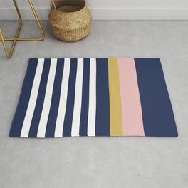 Graduated Stripes in Navy Blue, Blush Pink, Mustard Yellow, and White. Minimalist Color Block Design Rug