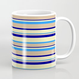 [ Thumbnail: Tan, Dark Blue, Pale Goldenrod & Blue Colored Lined Pattern Coffee Mug ]