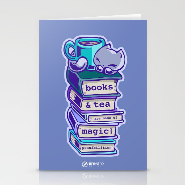 Cat Bookstack Tea Stationery Cards