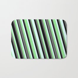 [ Thumbnail: Dim Grey, Black, Light Cyan, and Light Green Colored Striped Pattern Bath Mat ]