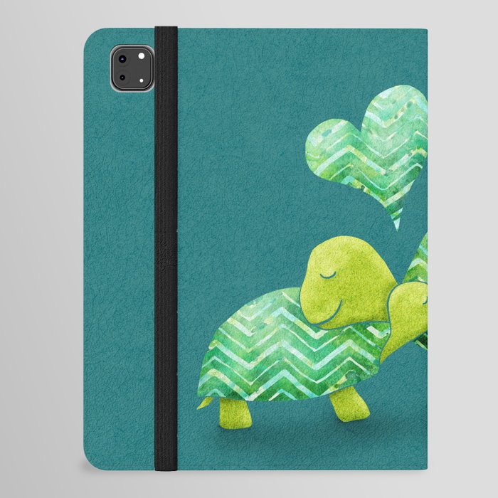 Sweet Turtle Hugs with Heart in Teal and Lime Green iPad Folio Case