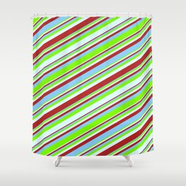 [ Thumbnail: Red, Light Sky Blue, Green, and Light Cyan Colored Striped/Lined Pattern Shower Curtain ]