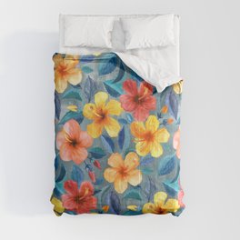 Colorful Watercolor Hibiscus on Grey Blue Comforter | Mustard, Pattern, Island, Painting, Hibiscus, Leaves, Texture, Watercolor, Nature, Retro 