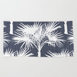 Palm Trees Retro Tropical White on Navy Beach Towel