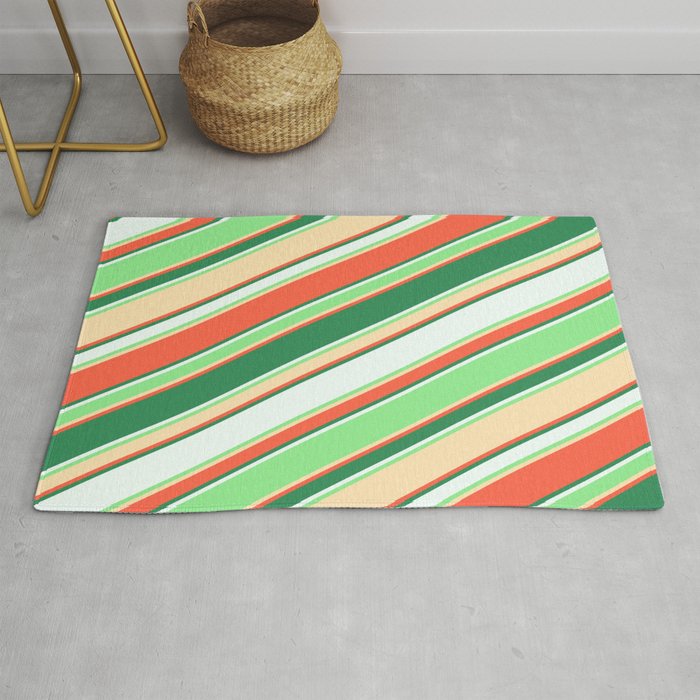 Colorful Red, Sea Green, Mint Cream, Light Green & Beige Colored Lined/Striped Pattern Rug