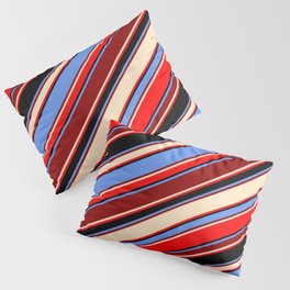 [ Thumbnail: Cornflower Blue, Dark Red, Bisque, Red & Black Colored Stripes Pattern Pillow Sham ]