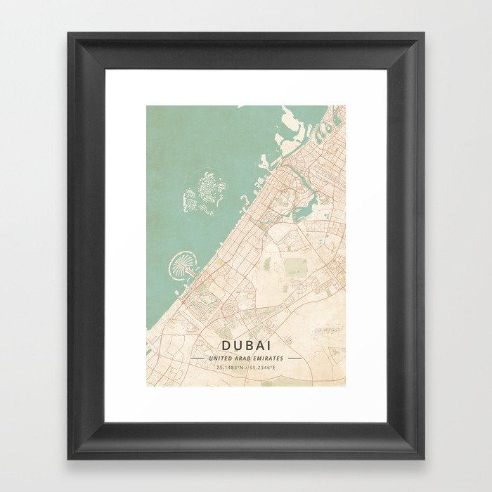 Dubai, United Arab Emirates - Vintage Map Framed Art Print