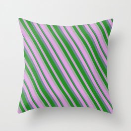 [ Thumbnail: Forest Green, Dark Gray, Plum, and Slate Gray Colored Stripes/Lines Pattern Throw Pillow ]