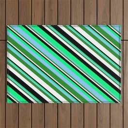 [ Thumbnail: Eyecatching Green, Light Sky Blue, Forest Green, White, and Black Colored Lines Pattern Outdoor Rug ]