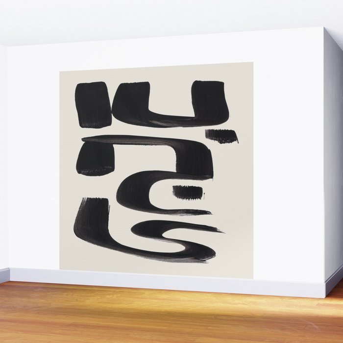 Mid Century Modern Minimalist Abstract Art Brush Strokes Black