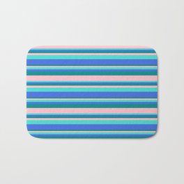 [ Thumbnail: Turquoise, Royal Blue, Dark Cyan, and Pink Colored Stripes Pattern Bath Mat ]