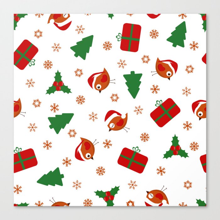 Seamless Christmas Pattern with Birds and Gifts Canvas Print