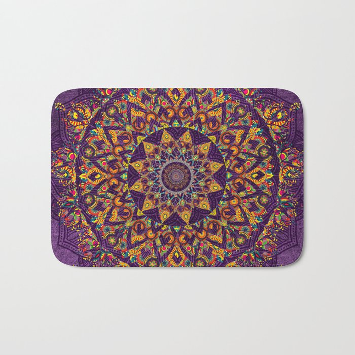 Multi Coloured Patterned Mandala On A Purple Textured Background Multi Coloured Patterned Mandala On A Purple Textured Background Bath Mat