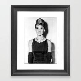 Audrey Hepburn in Black Gown, Retro Vintage Black and White Art Framed Art Print