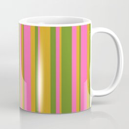 [ Thumbnail: Green, Goldenrod & Hot Pink Colored Lined Pattern Coffee Mug ]