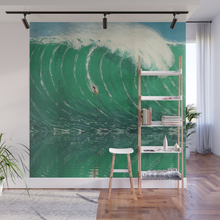 Extreme surfing pipeline wave with mirrored reflection, nazara, california, gulf of mexico, florida keys, hawaii surf landscape painting in emerald green Wall Mural